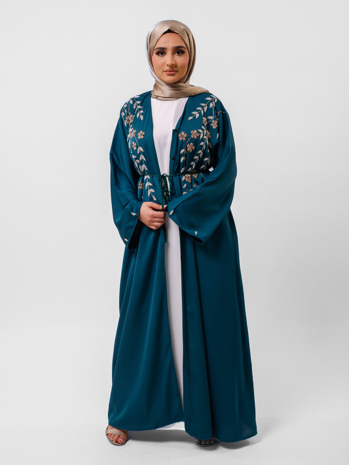 Premium Teal Open Abaya With Floral Embellishment