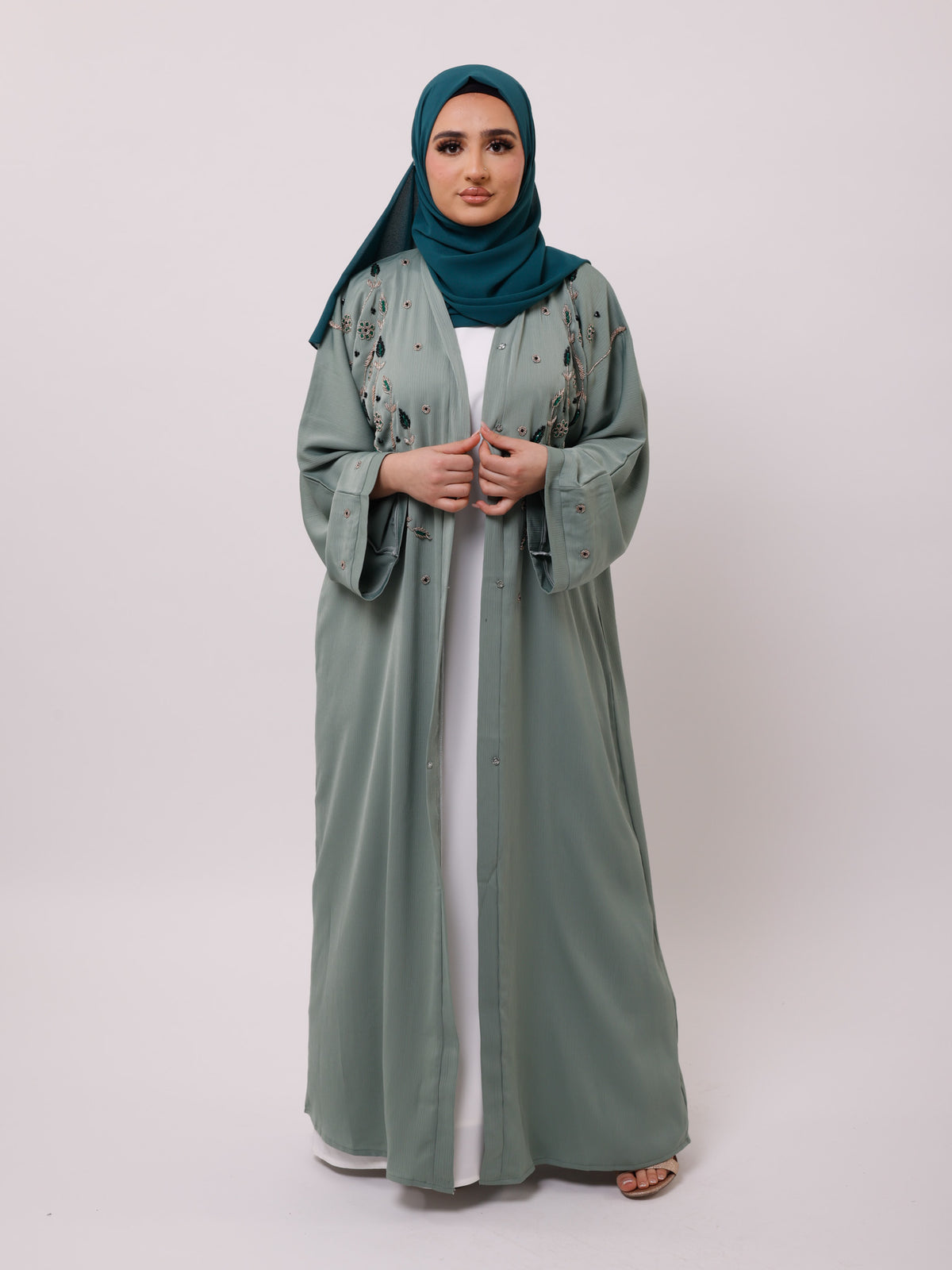 Floral Embellished Sage Green Open Abaya