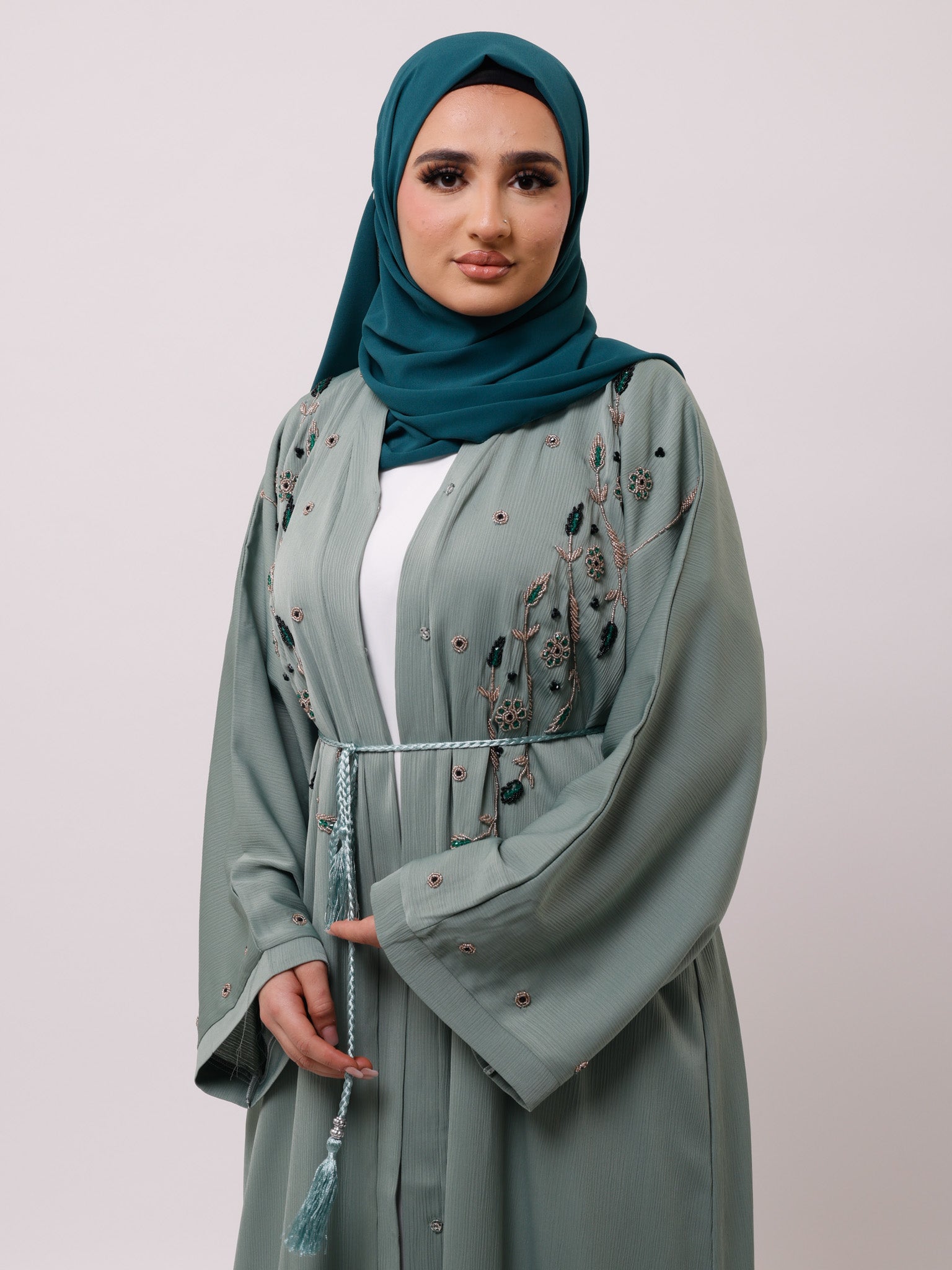 Floral Embellished Sage Green Open Abaya