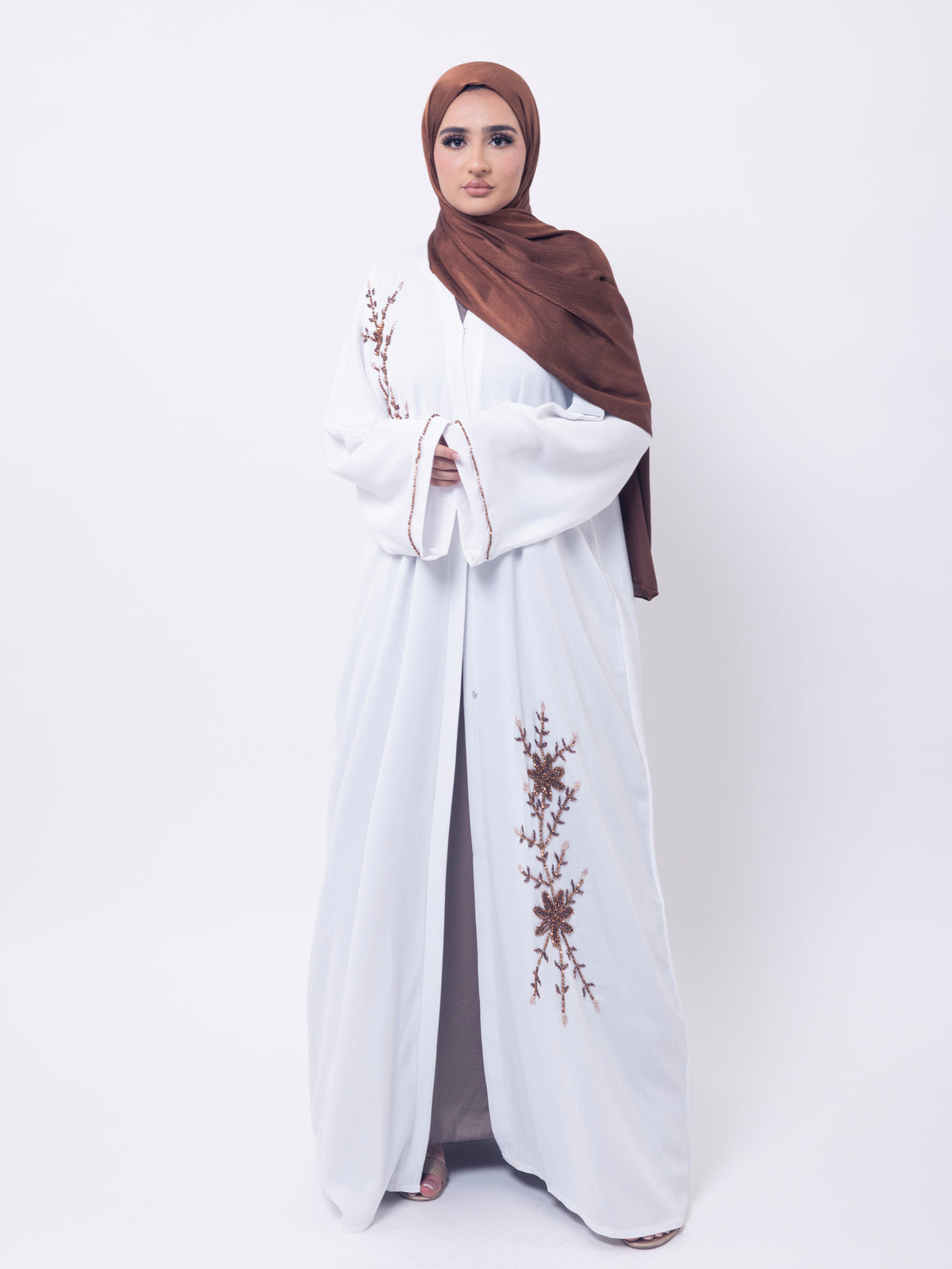 White Open Abaya with Coppery Rose Gold Embellishment