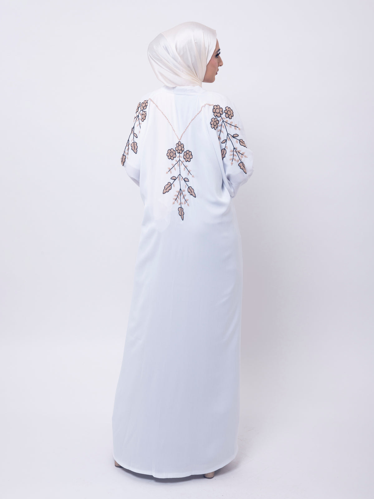 Gold Floral Embellished White Open Abaya