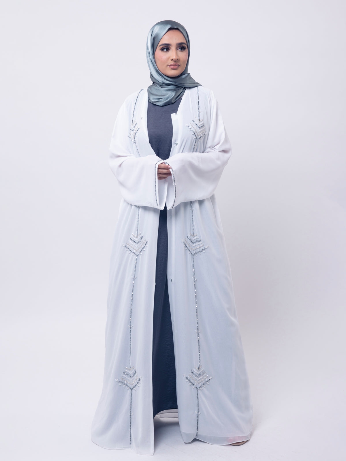 White Chiffon Open Abaya With Silver Detailing