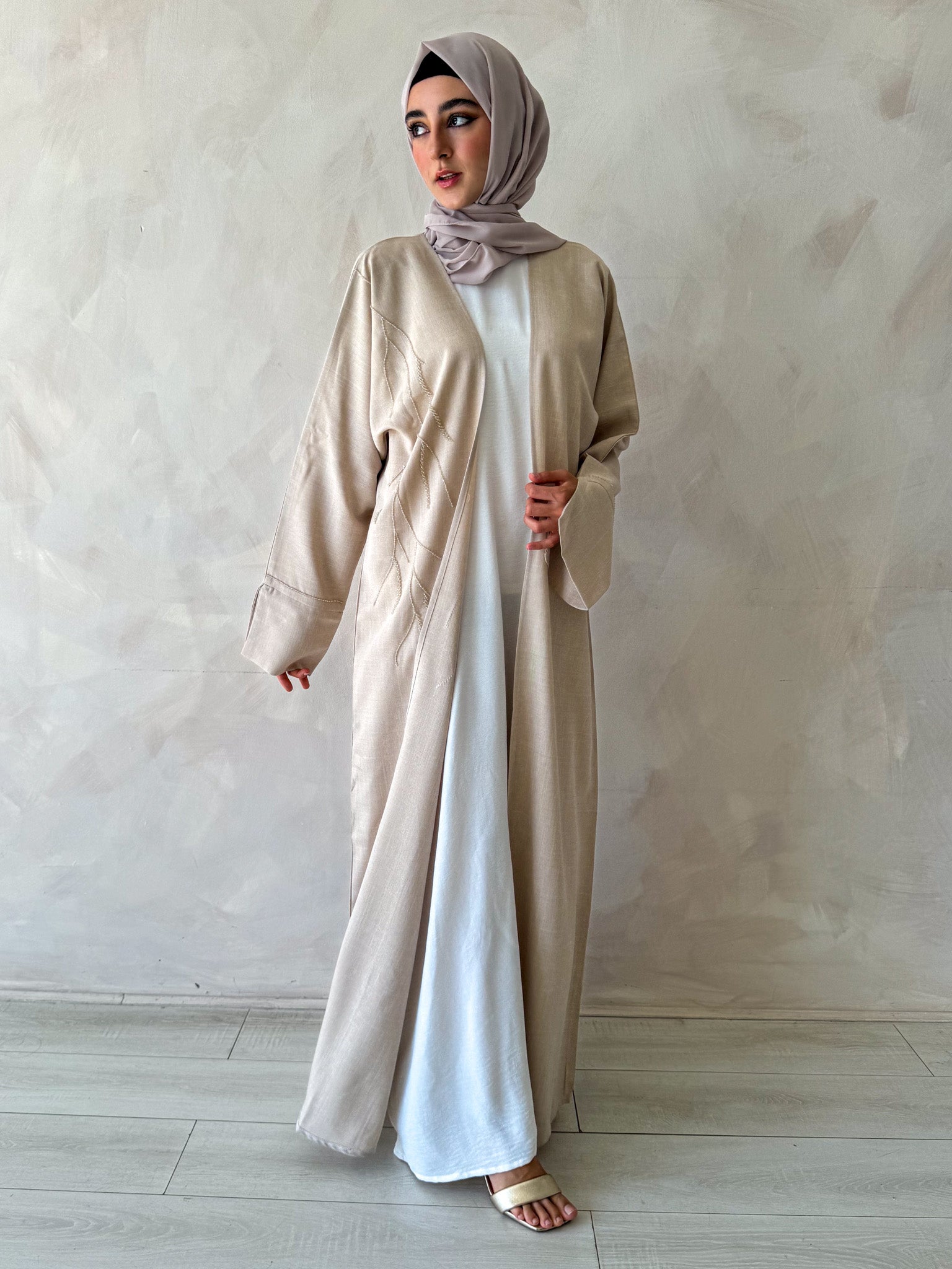 Nude Linen Blend Embellished Abaya