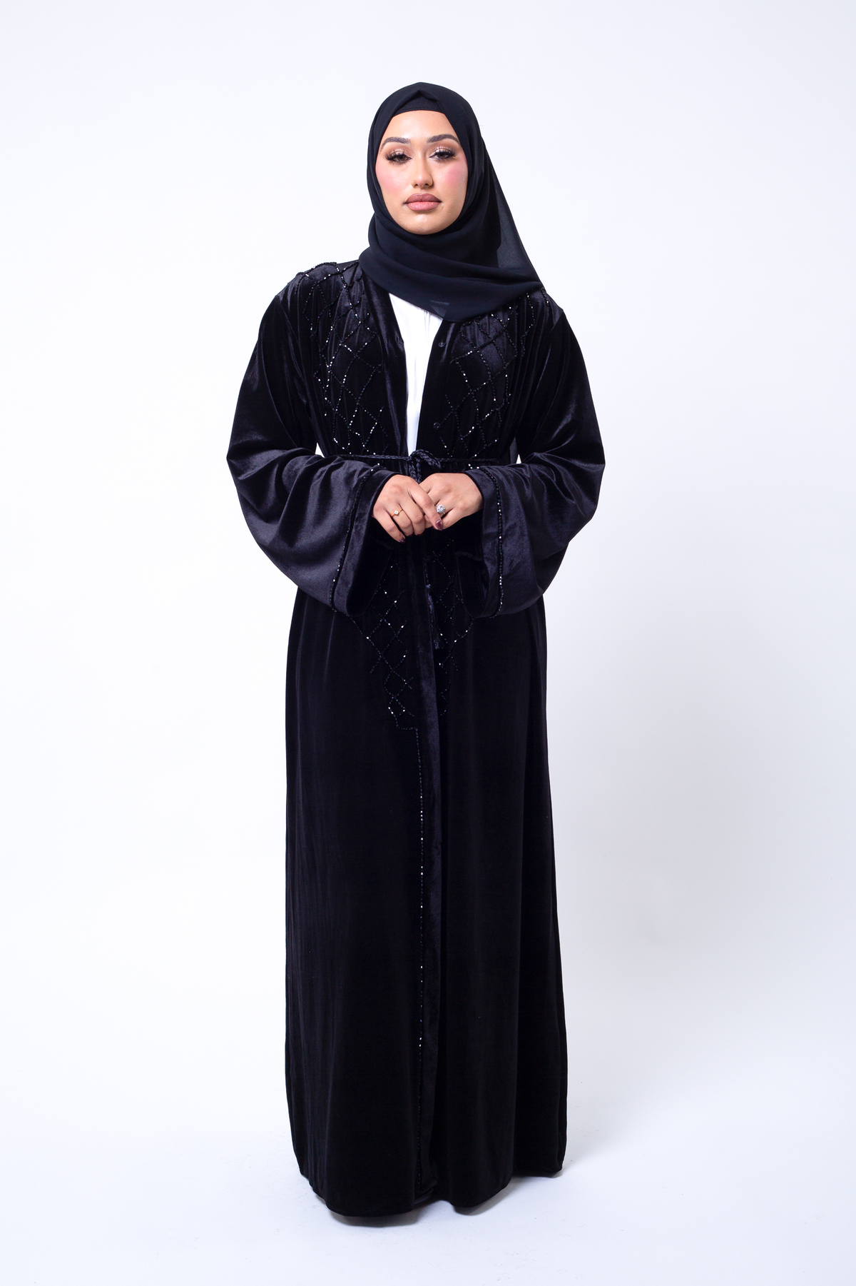 Premium Velvet Criss Cross Embellished Open Abaya