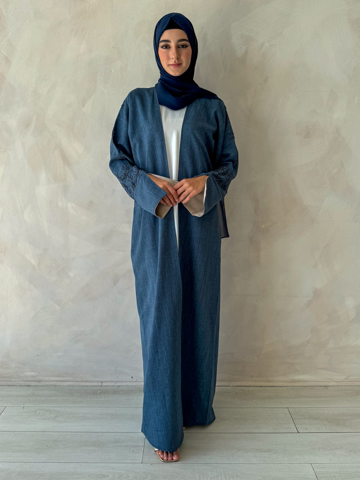 Stone Blue Linen Abaya With Embellishment