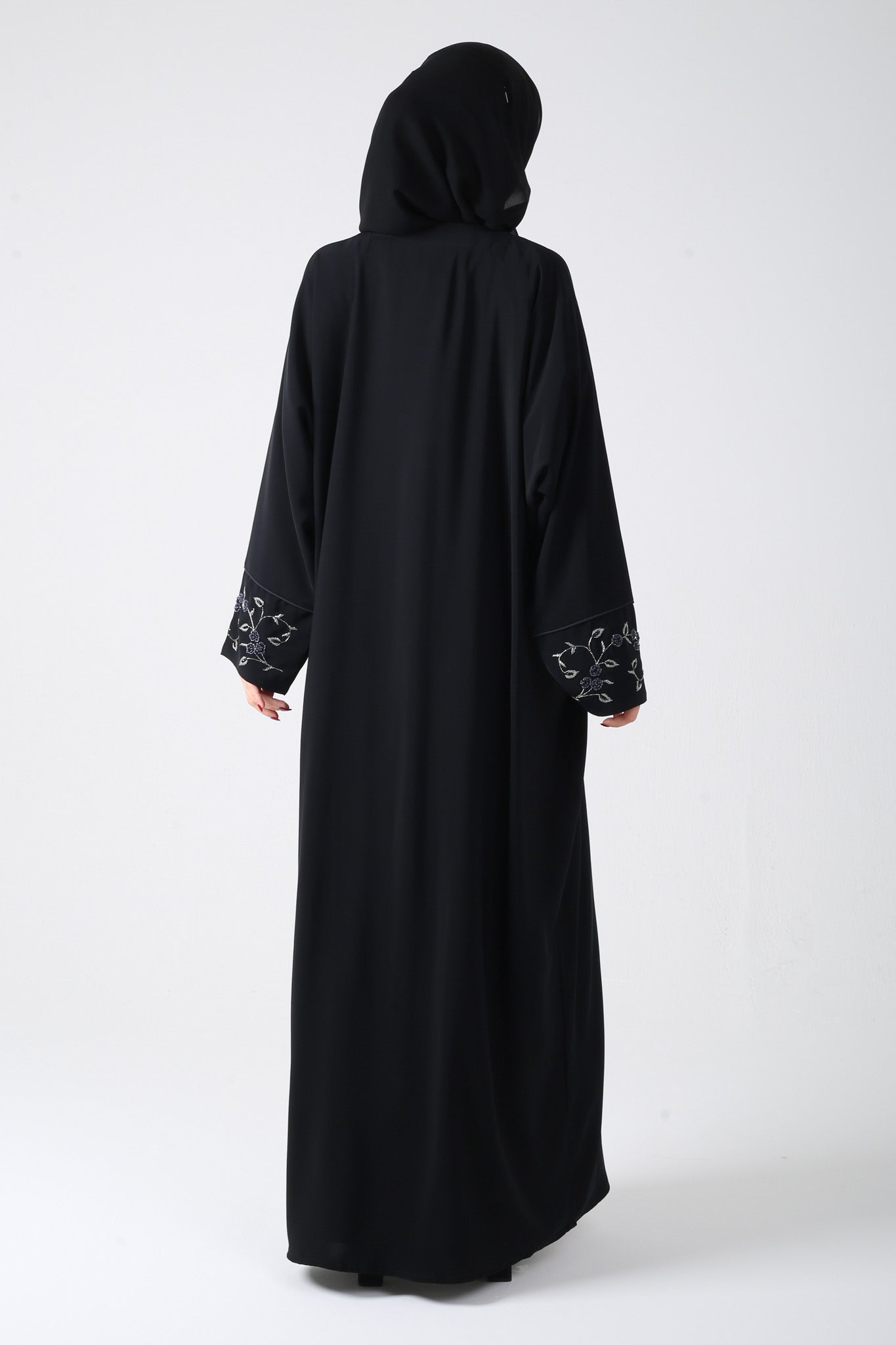 Black Batwing Abaya with 3D Embellished Cuffs