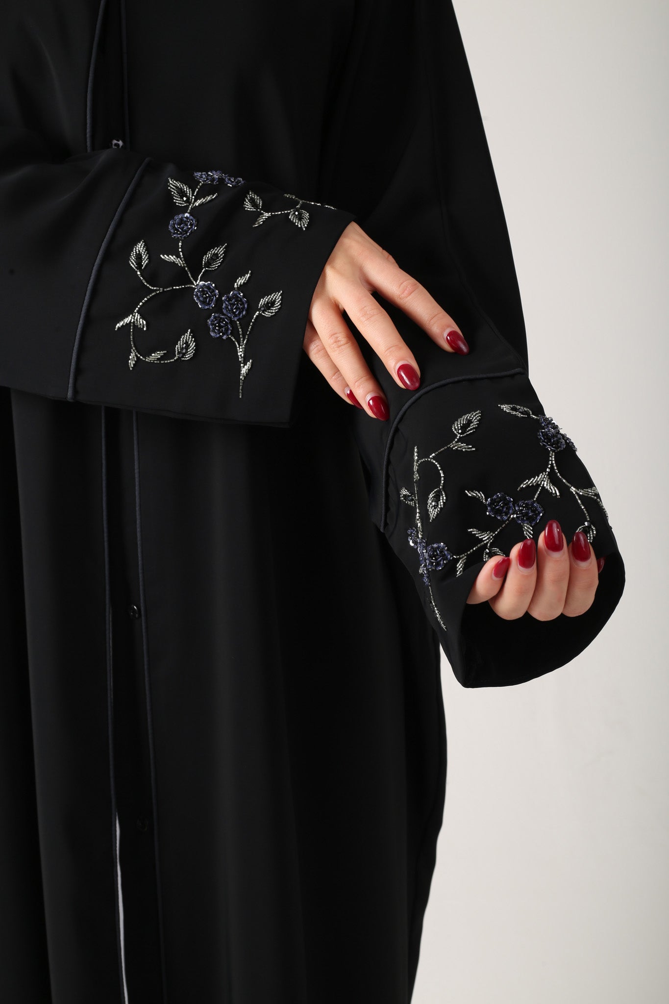 Black Batwing Abaya with 3D Embellished Cuffs