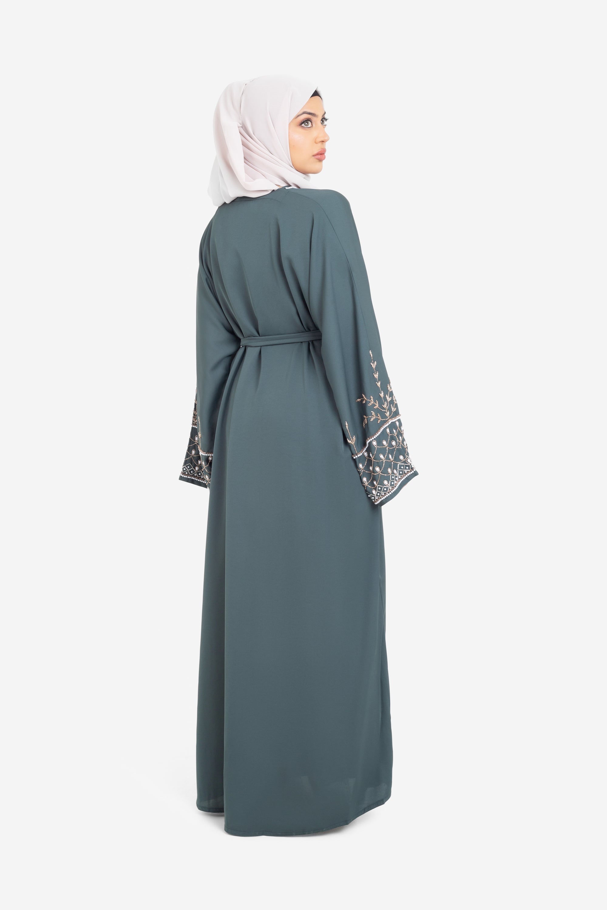 Forest green open abaya with detailed embellishments back view