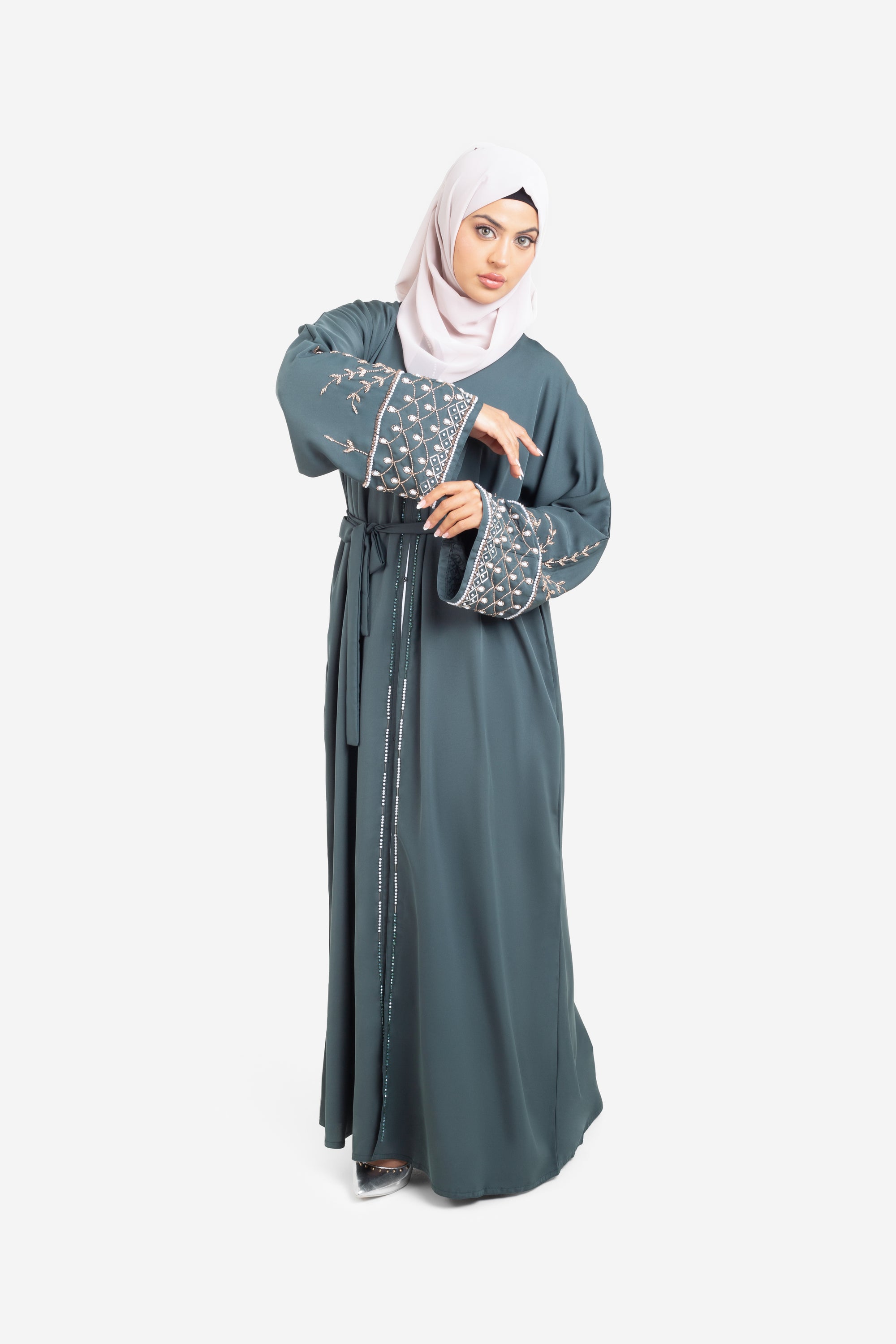 Forest green open abaya with detailed embellishments front view