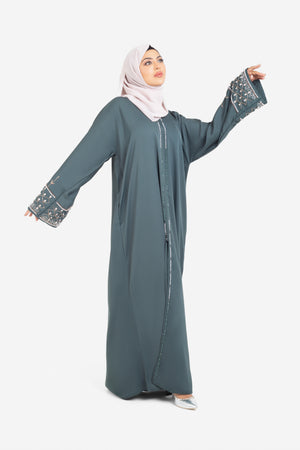 Forest green open abaya with detailed embellishments front view