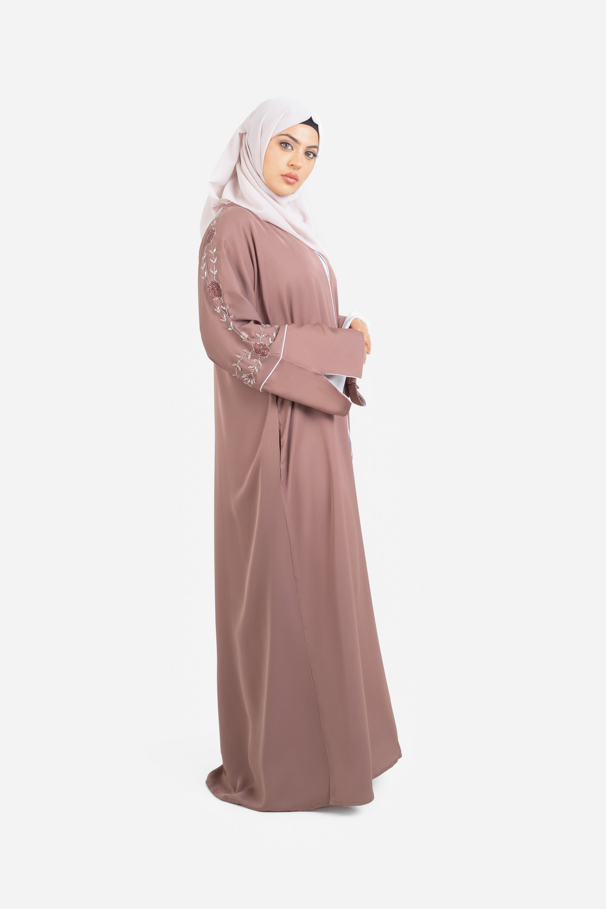 Mauve Floral Embellished Open Abaya