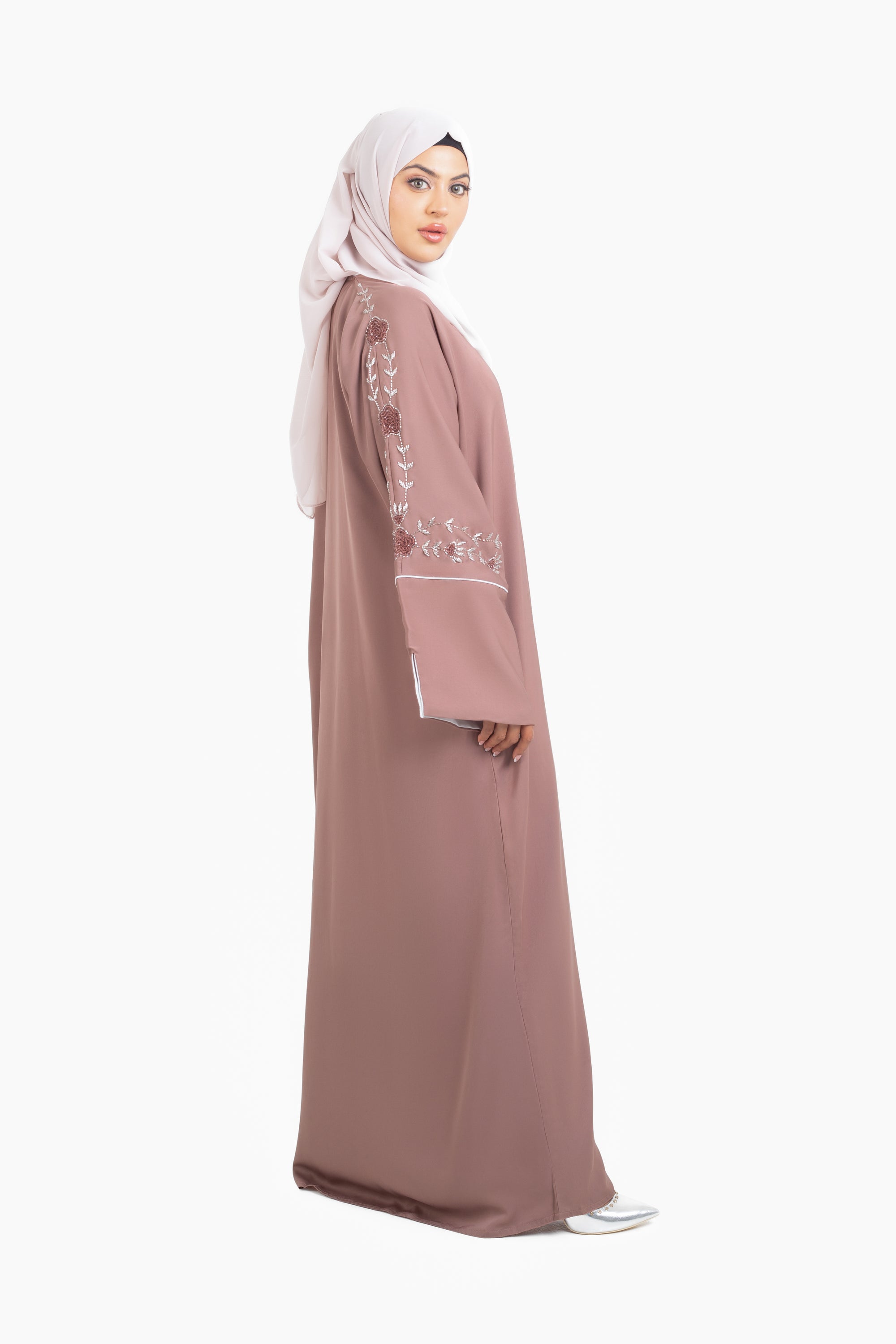 Mauve Floral Embellished Open Abaya