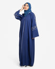 Navy embellished open abaya with split cuffs front view