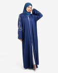 Navy embellished open abaya with split cuffs front view