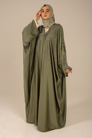 Olive Green Embellished Satin Farasha