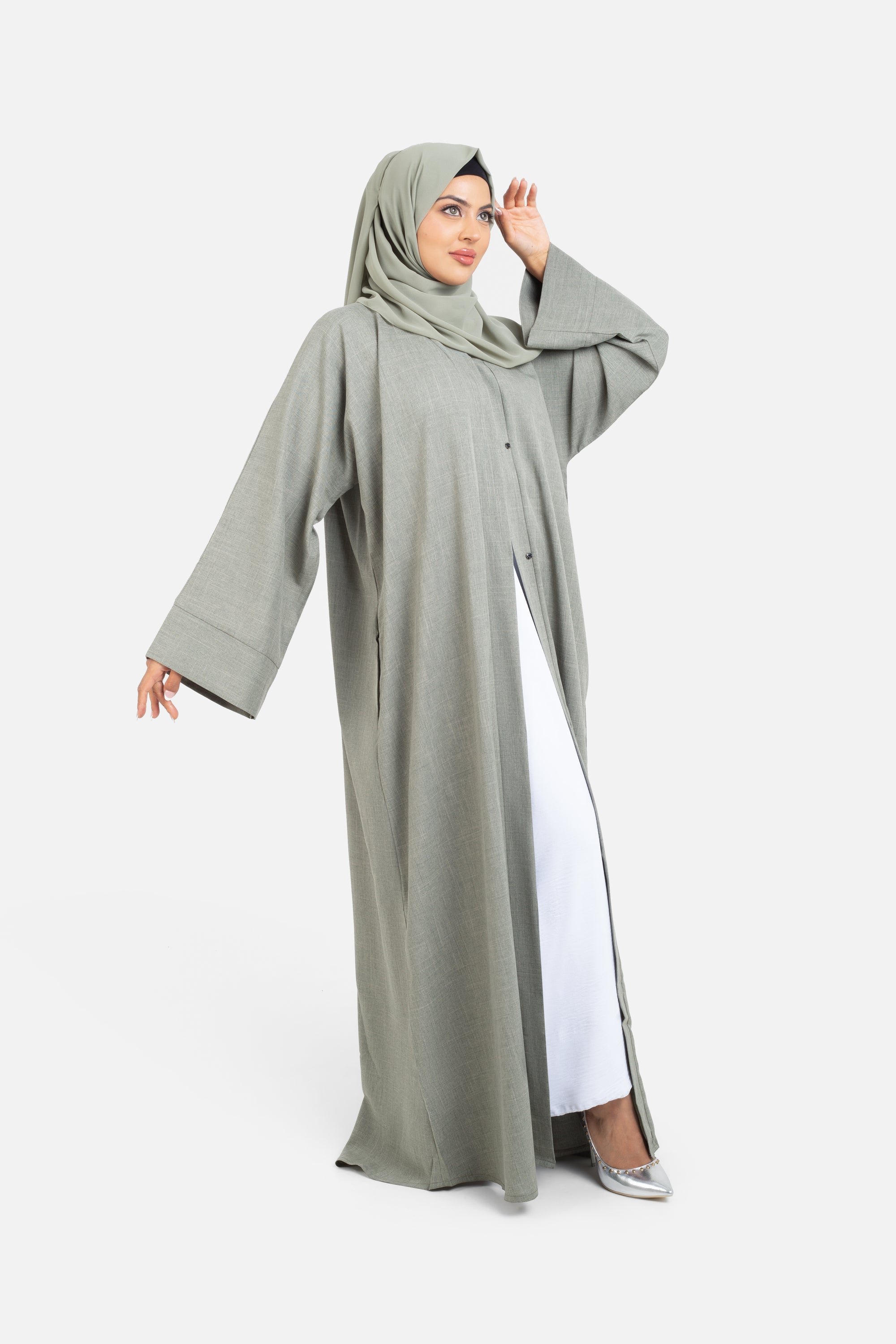 Plain khaki open abaya front view