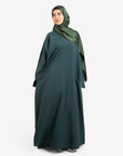 Plain linen dark green closed abaya with split cuffs front view