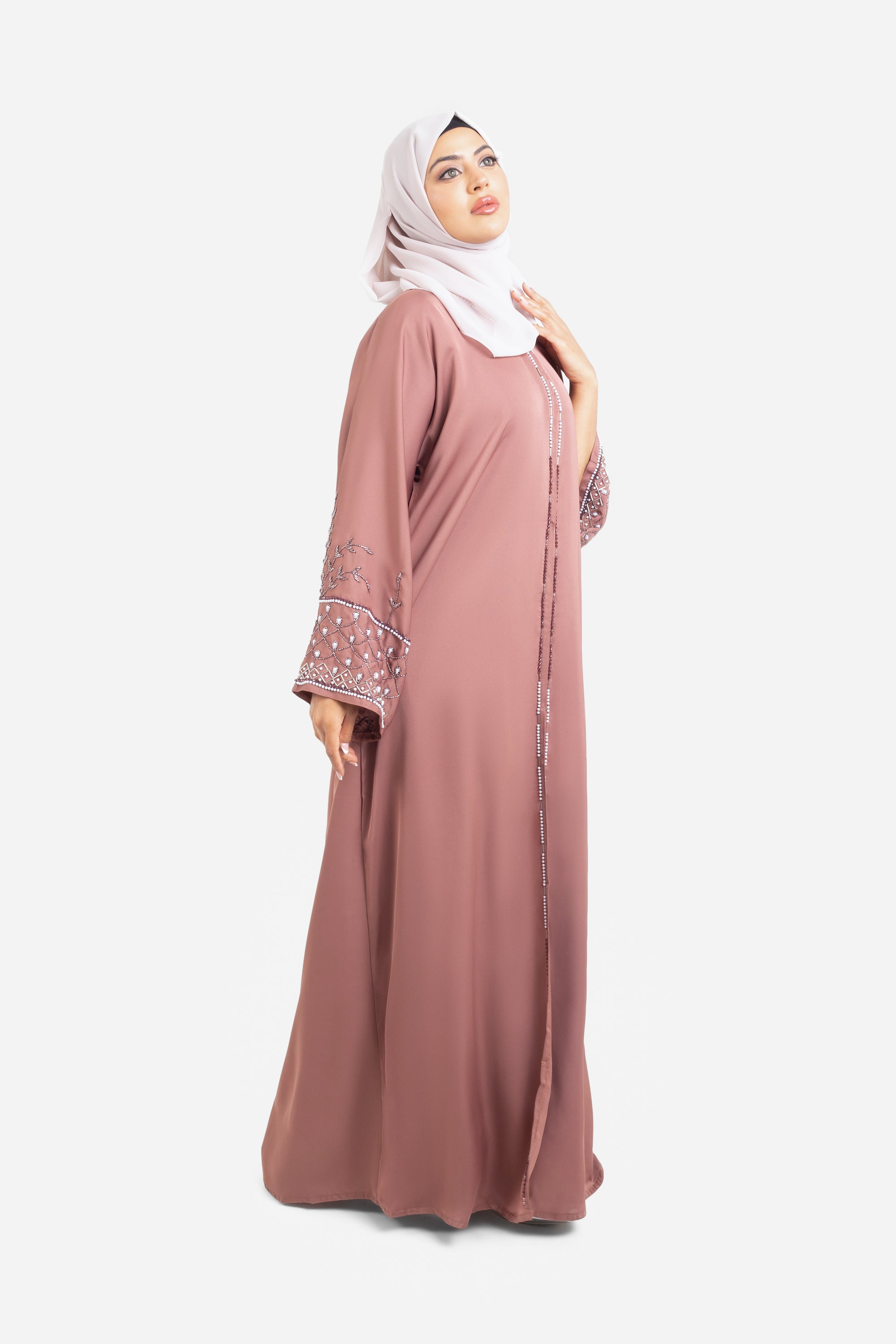 Rose gold open abaya with detailed embellishments side view