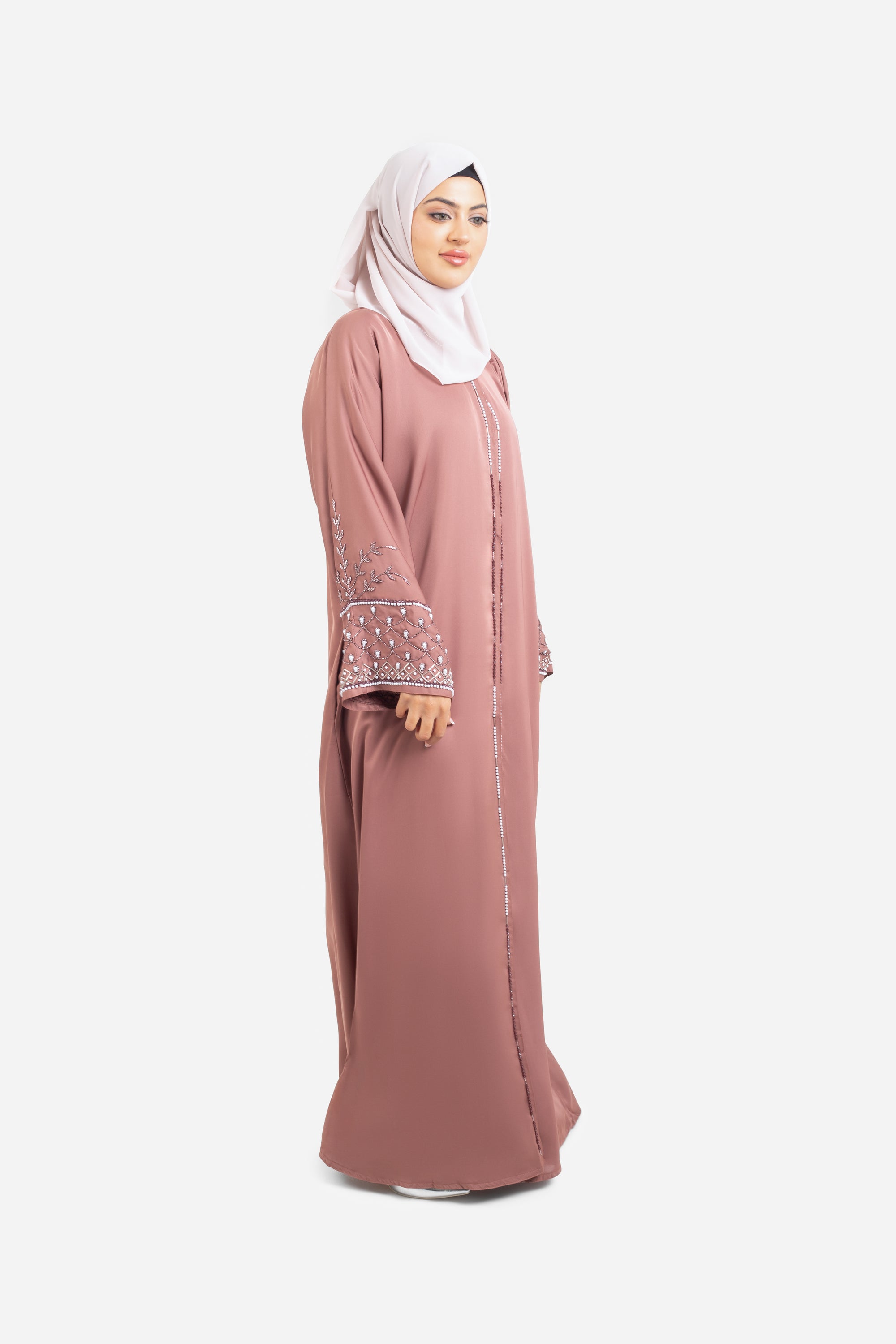 Rose gold open abaya with detailed embellishments side view