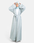 Sage green linen blend frayed sleeve open abaya side view