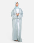 Sage green linen blend frayed sleeve open abaya front view