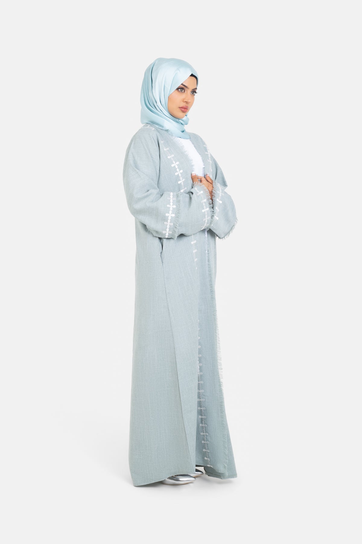 Sage green linen blend frayed sleeve open abaya side view