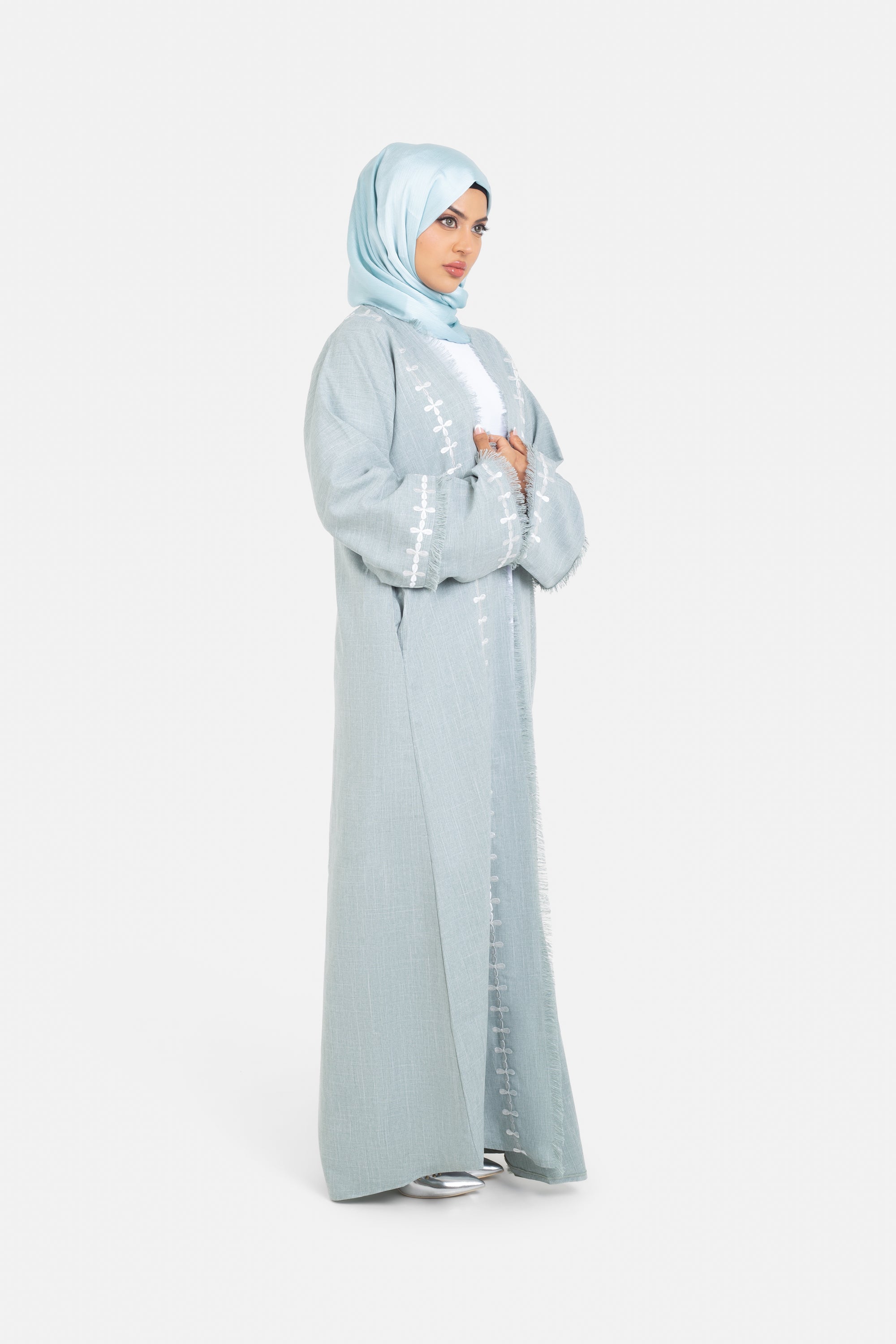 Sage green linen blend frayed sleeve open abaya side view