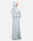 Sage green linen blend frayed sleeve open abaya side view