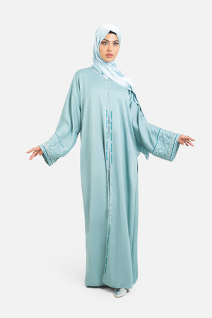 Sage green open abaya with detailed embellishments front view