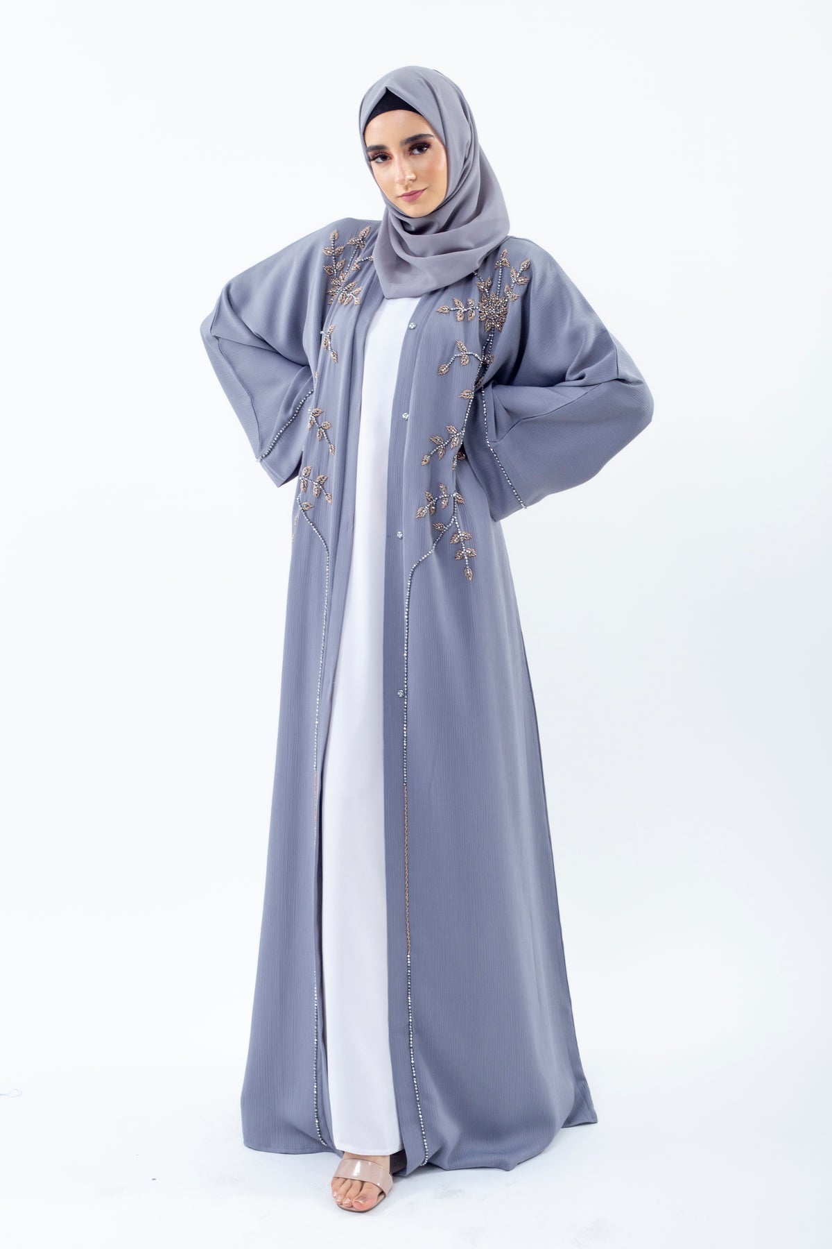 Luxury Grey Embellished Open Abaya