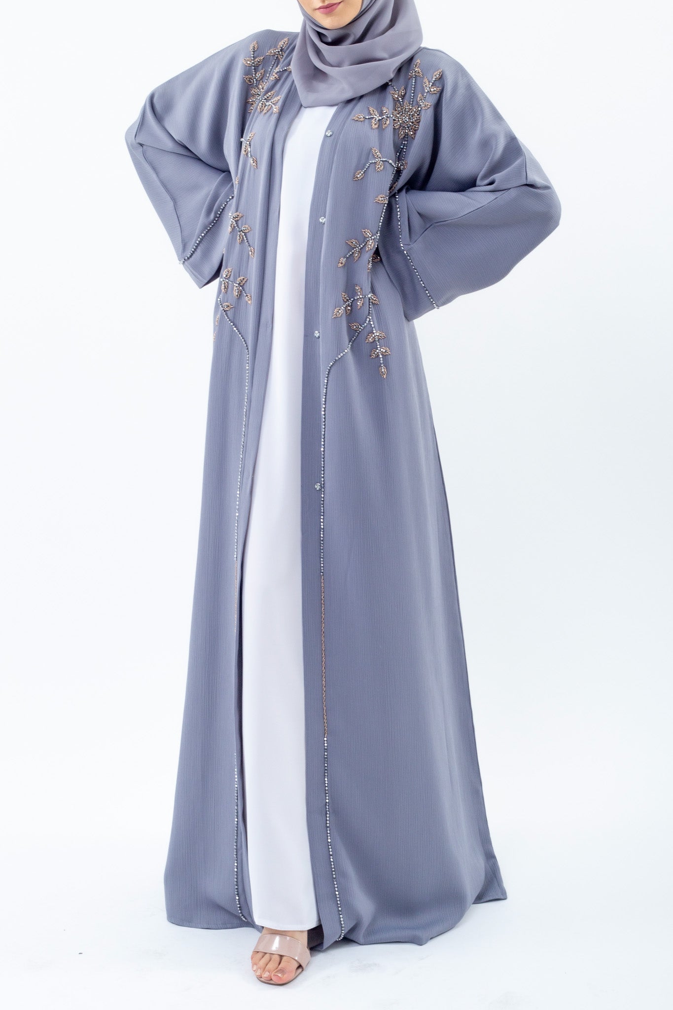 Luxury Grey Embellished Open Abaya (Pre-order Despatch November 20th 2025)