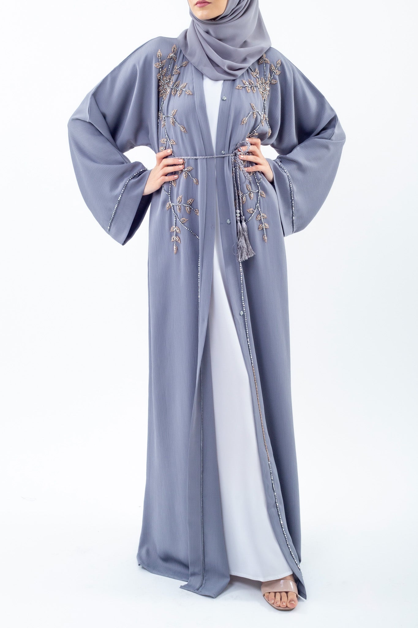 Luxury Grey Embellished Open Abaya (Pre-order Despatch November 20th 2025)
