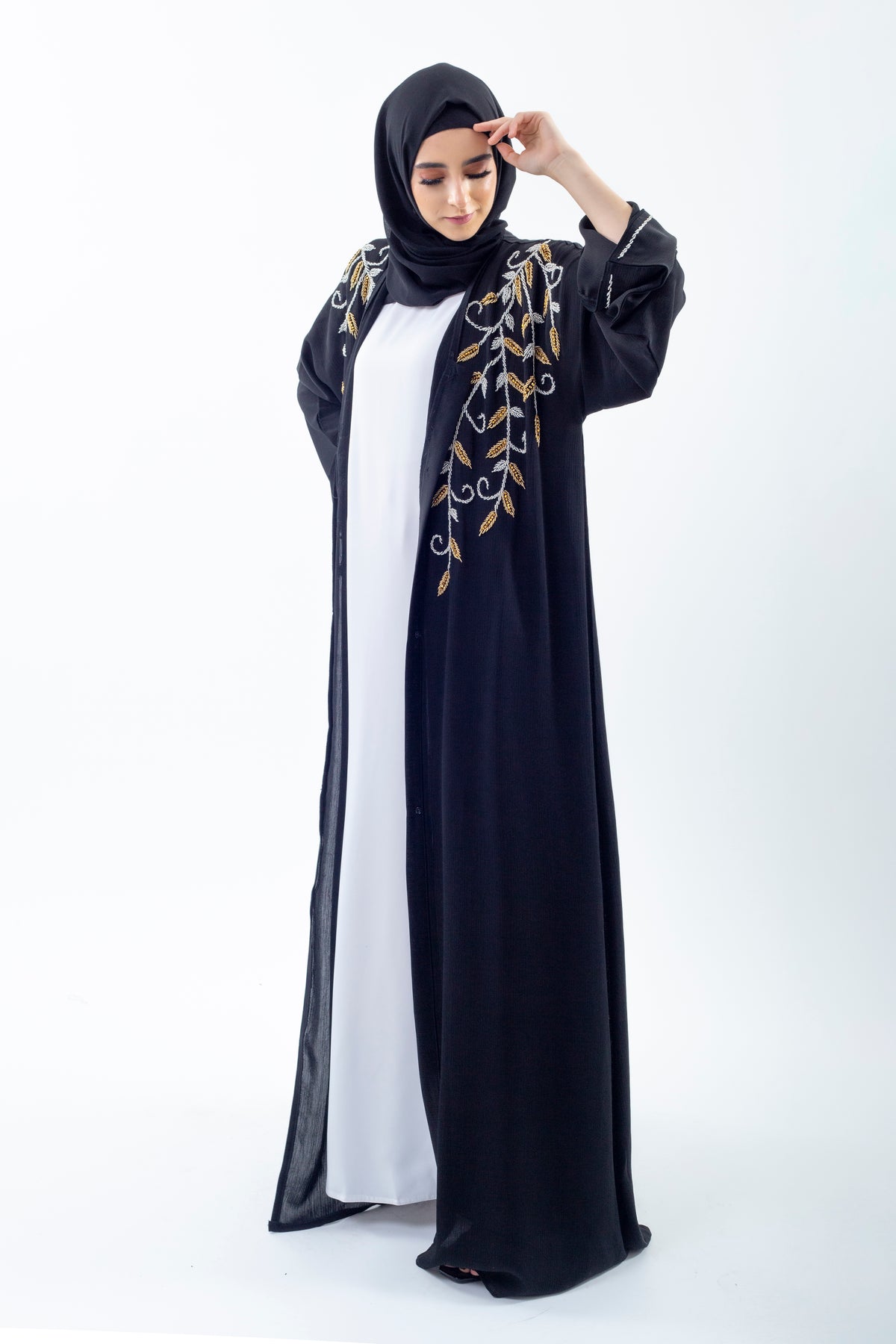 Gold and Silver Vine Embellished Open Abaya