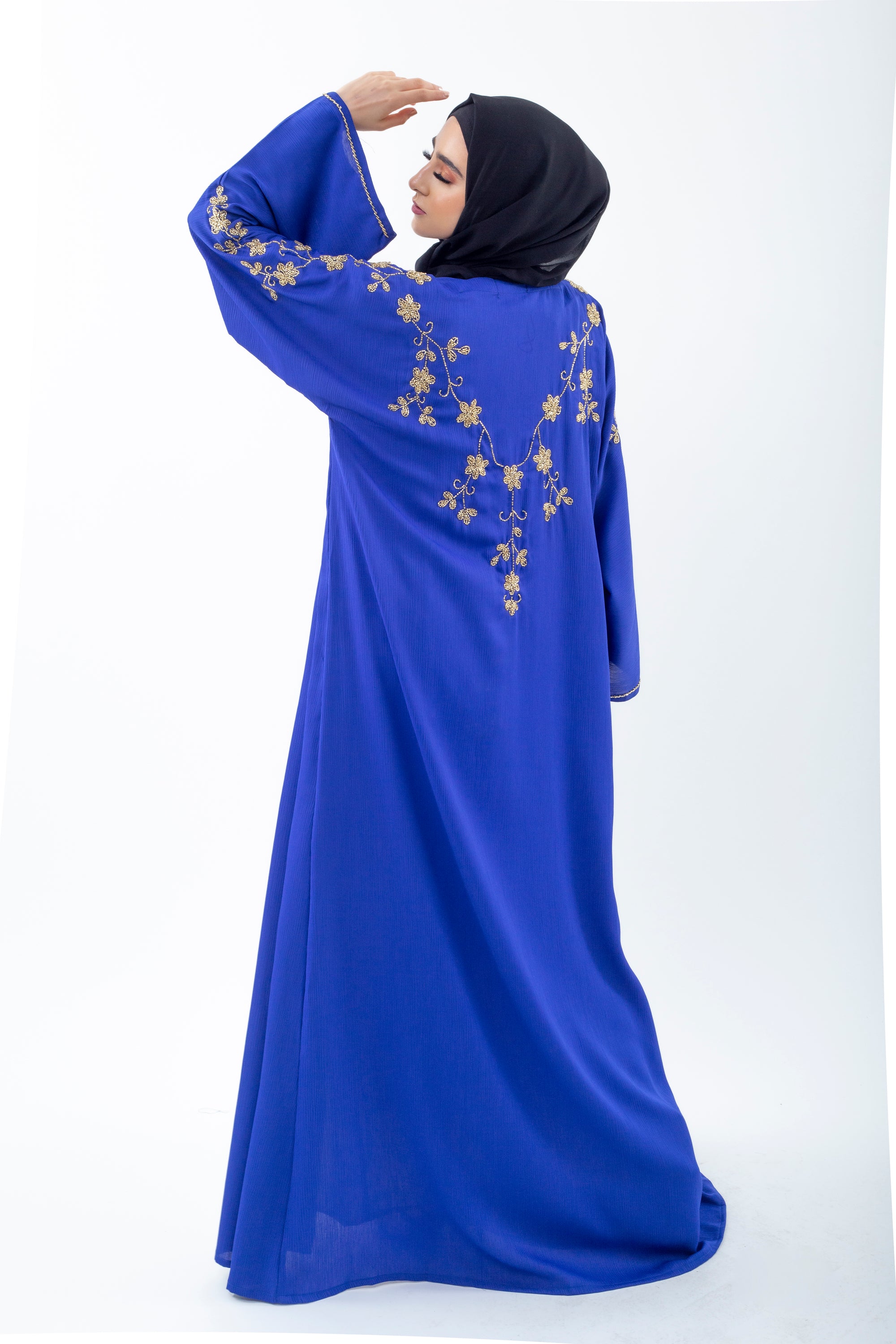 Cobalt Blue Open Abaya With Gold Embellishment