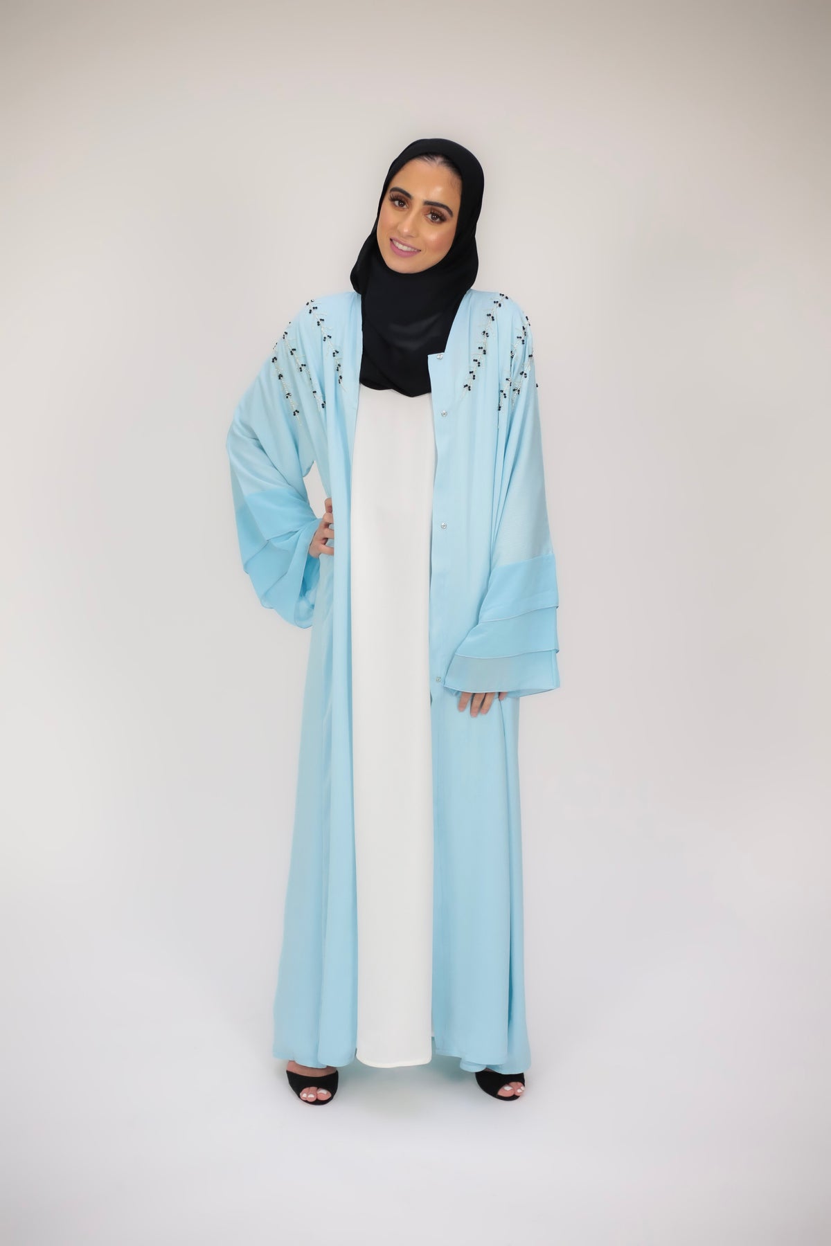 Blue Lagoon Layered Bell Sleeve Open Abaya