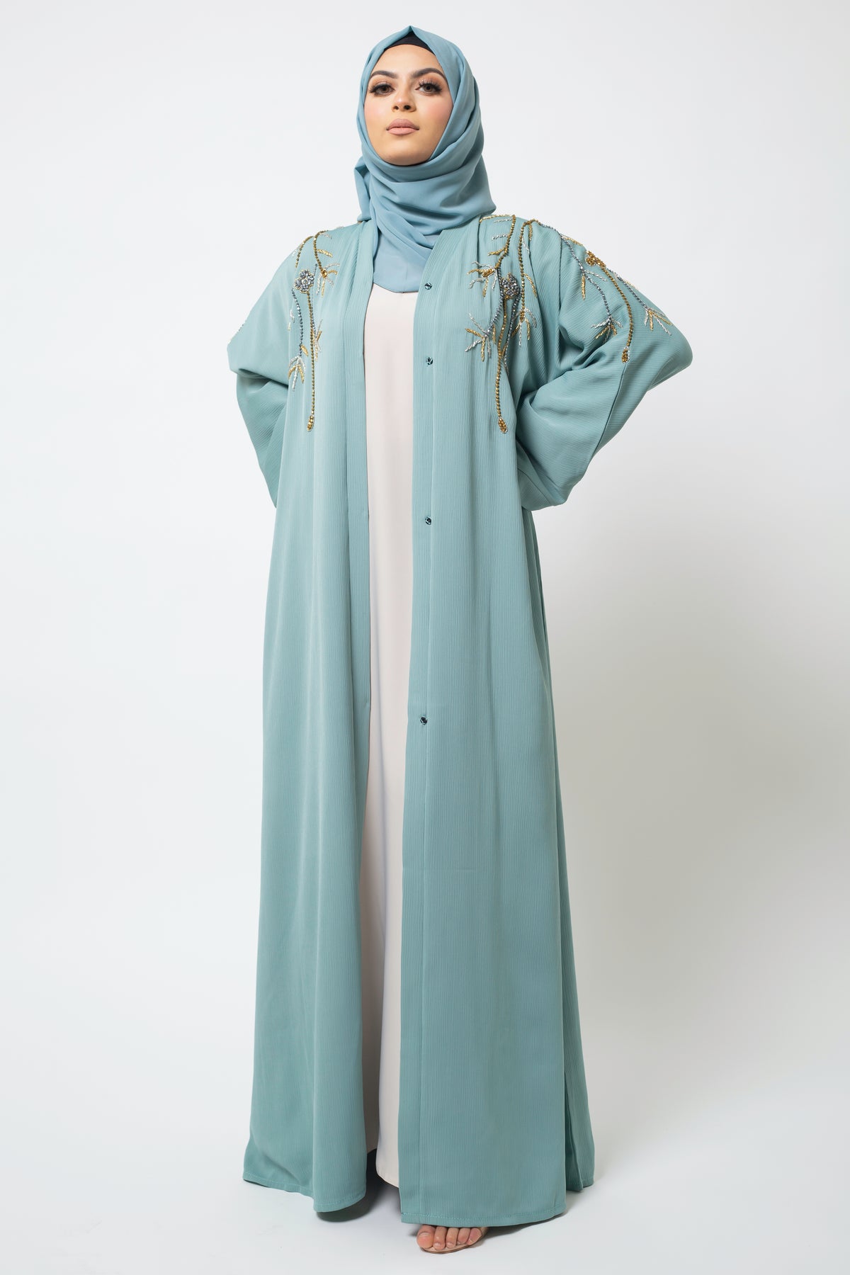 Luxury Sage Green Gold Embellished Abaya