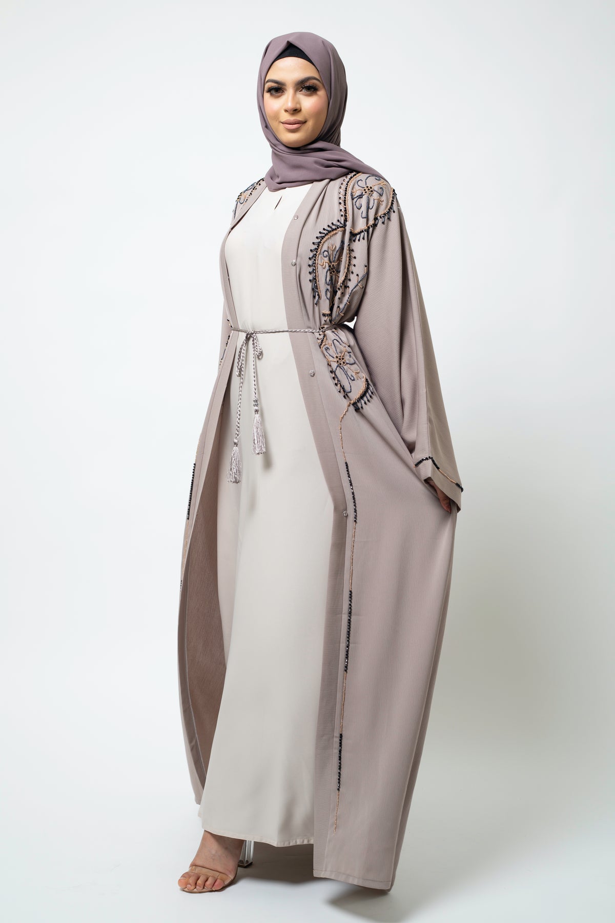 Oatmeal Embellished Open Abaya