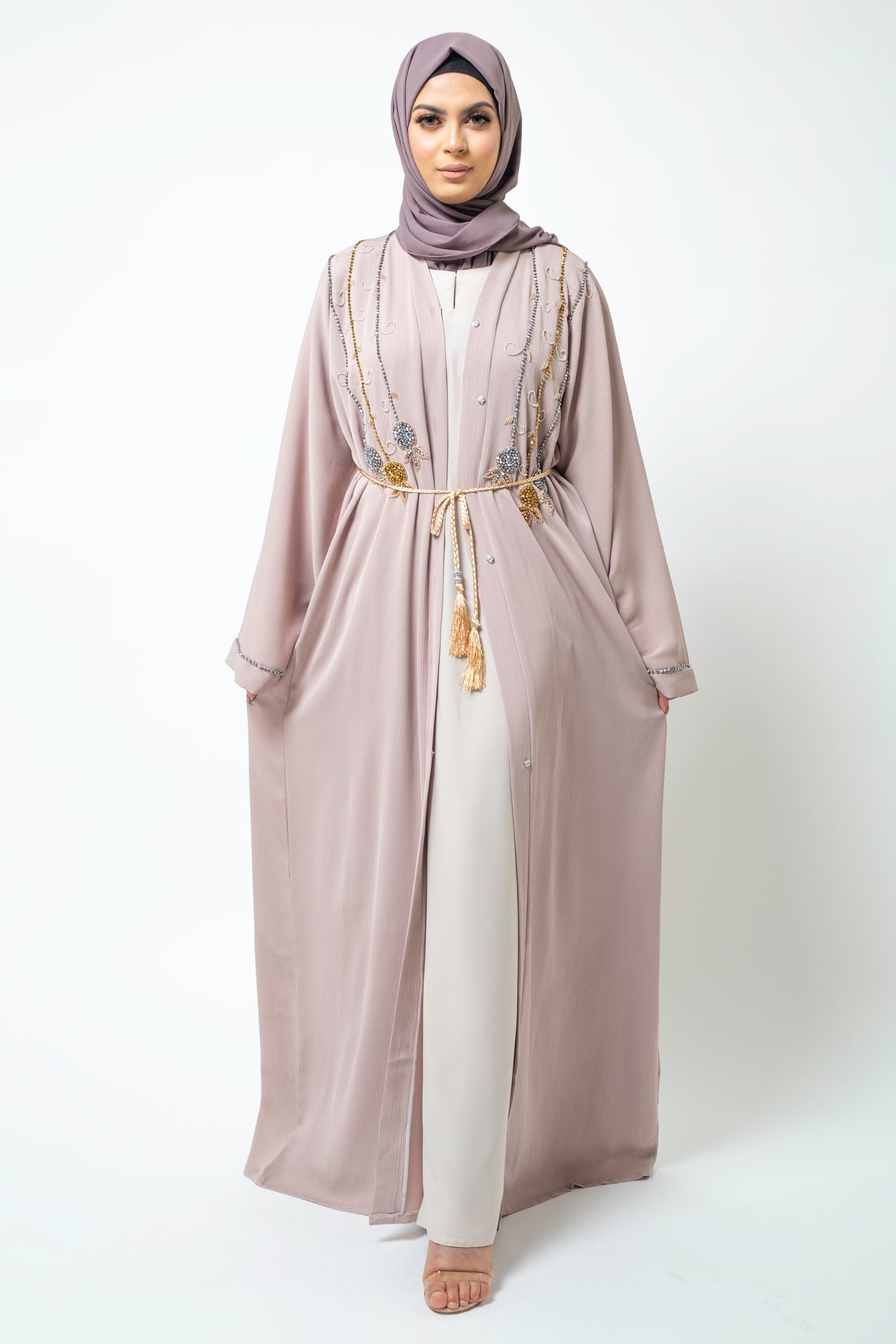 Light Taupe Embellished Open Abaya