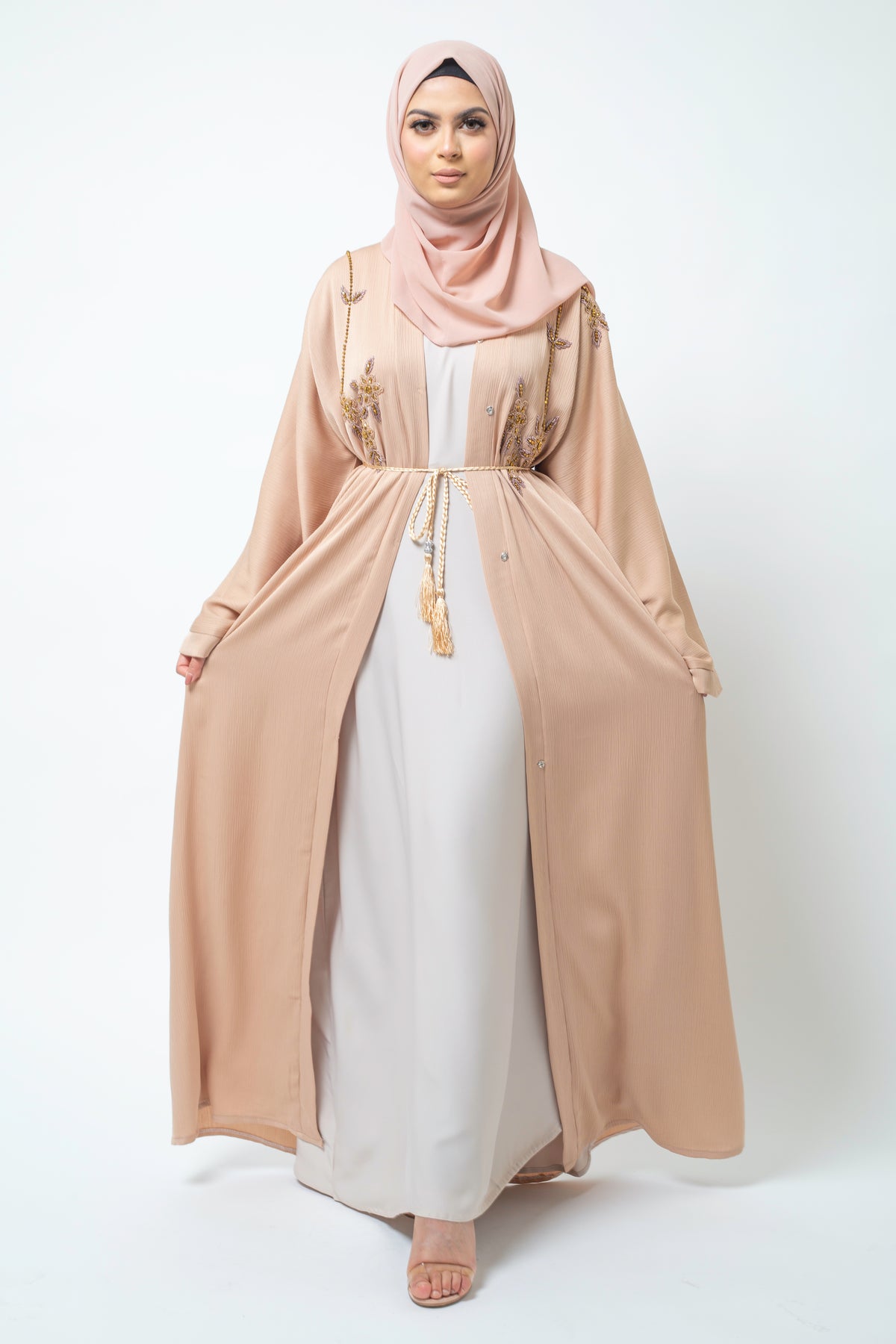 Light Apricot Hand Embellished Open Abaya