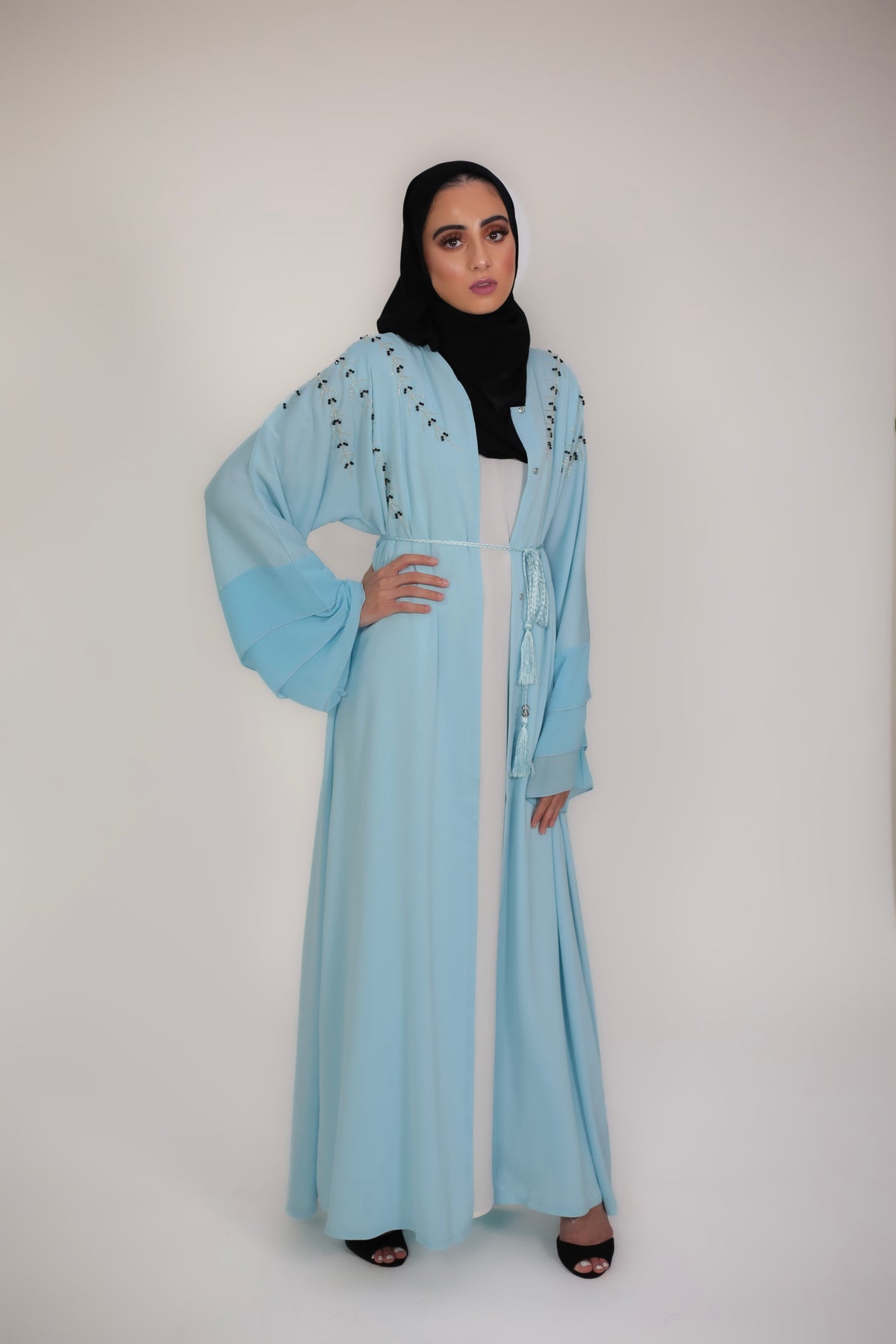 Blue Lagoon Layered Bell Sleeve Open Abaya