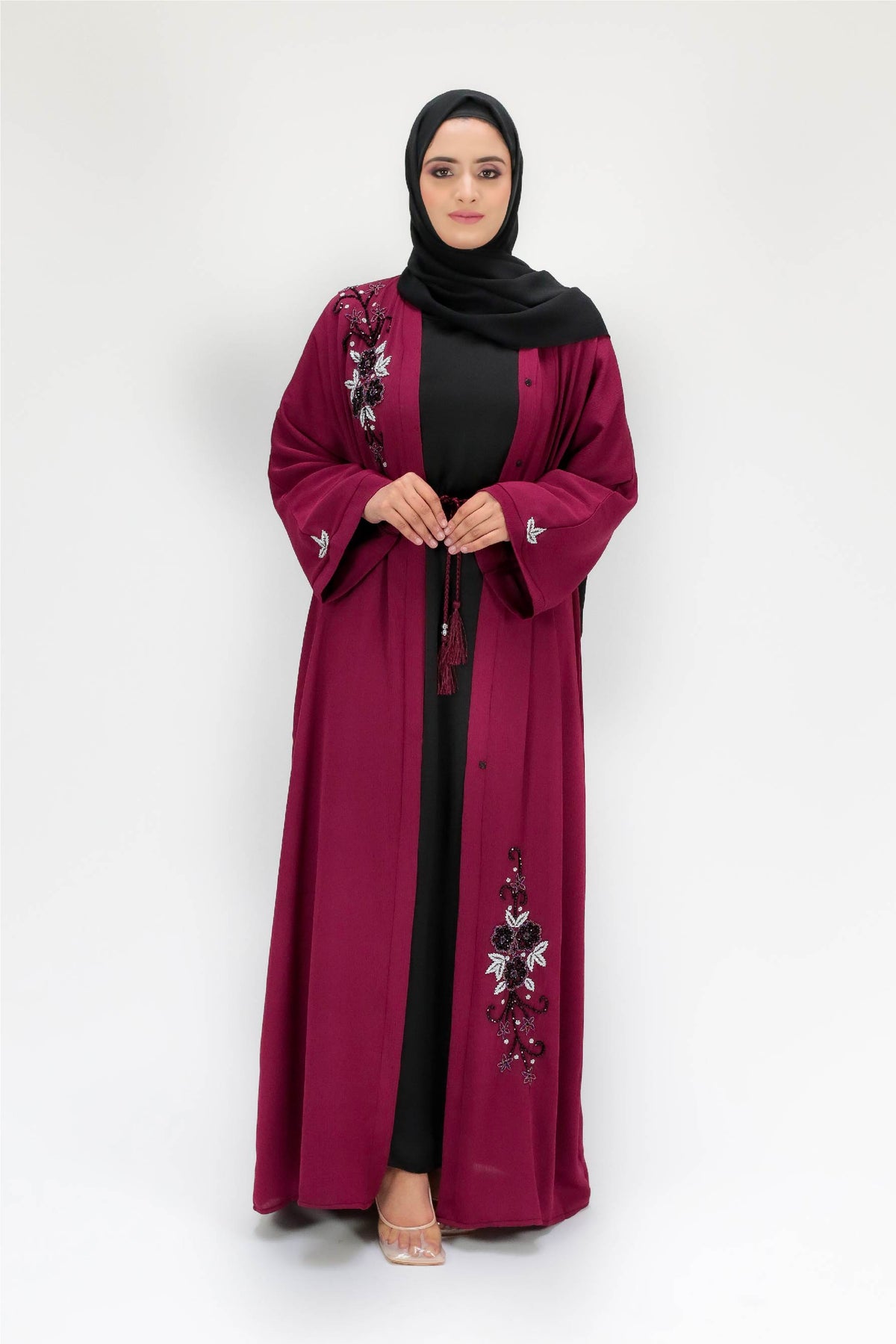 Sofia Dark Cherry Embellished Open Abaya