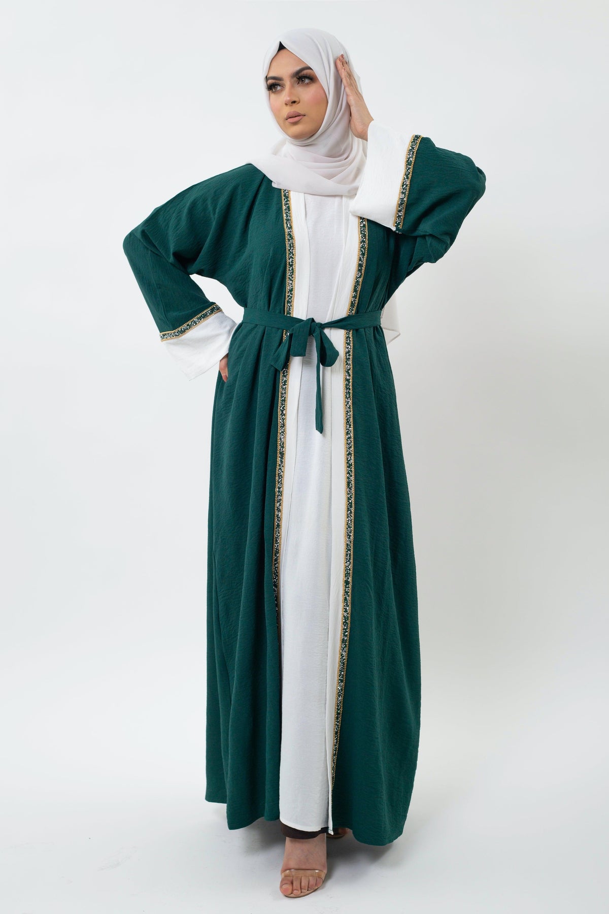 3 Piece Emerald Gem Open abaya - Anaqa Inspired