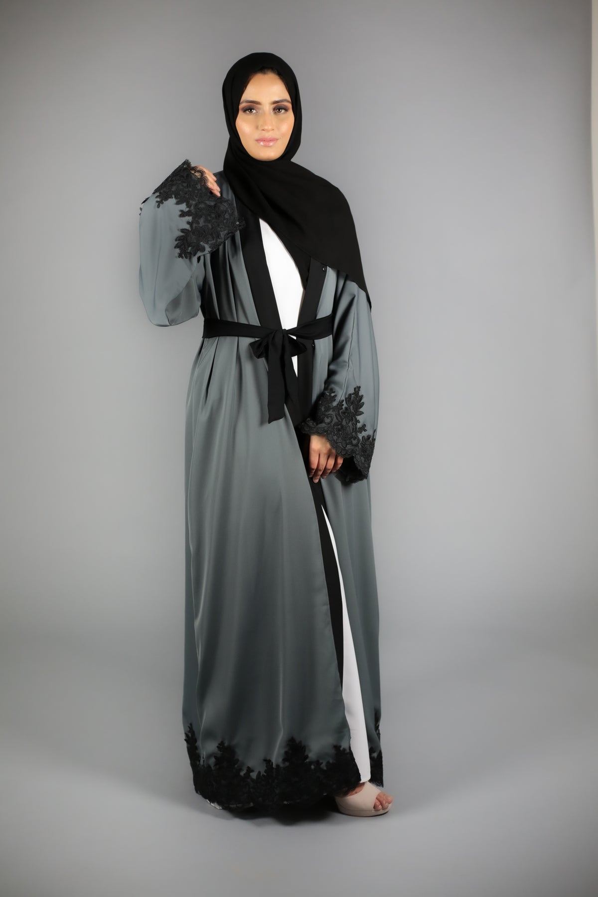 Charcoal Grey Open Abaya With Black Lace