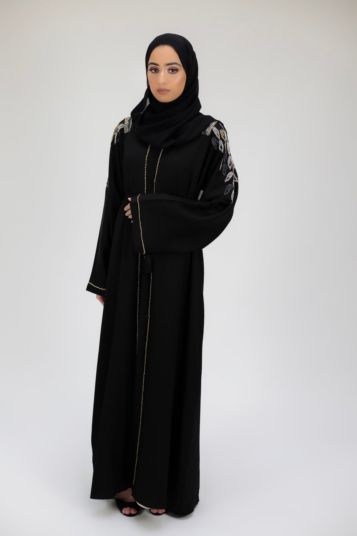 Classy Shoulder Embellished Black Open Abaya