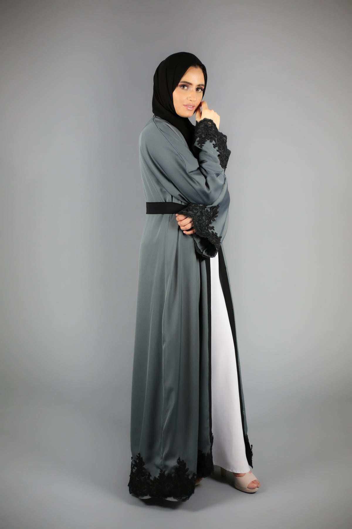 Charcoal Grey Open Abaya With Black Lace