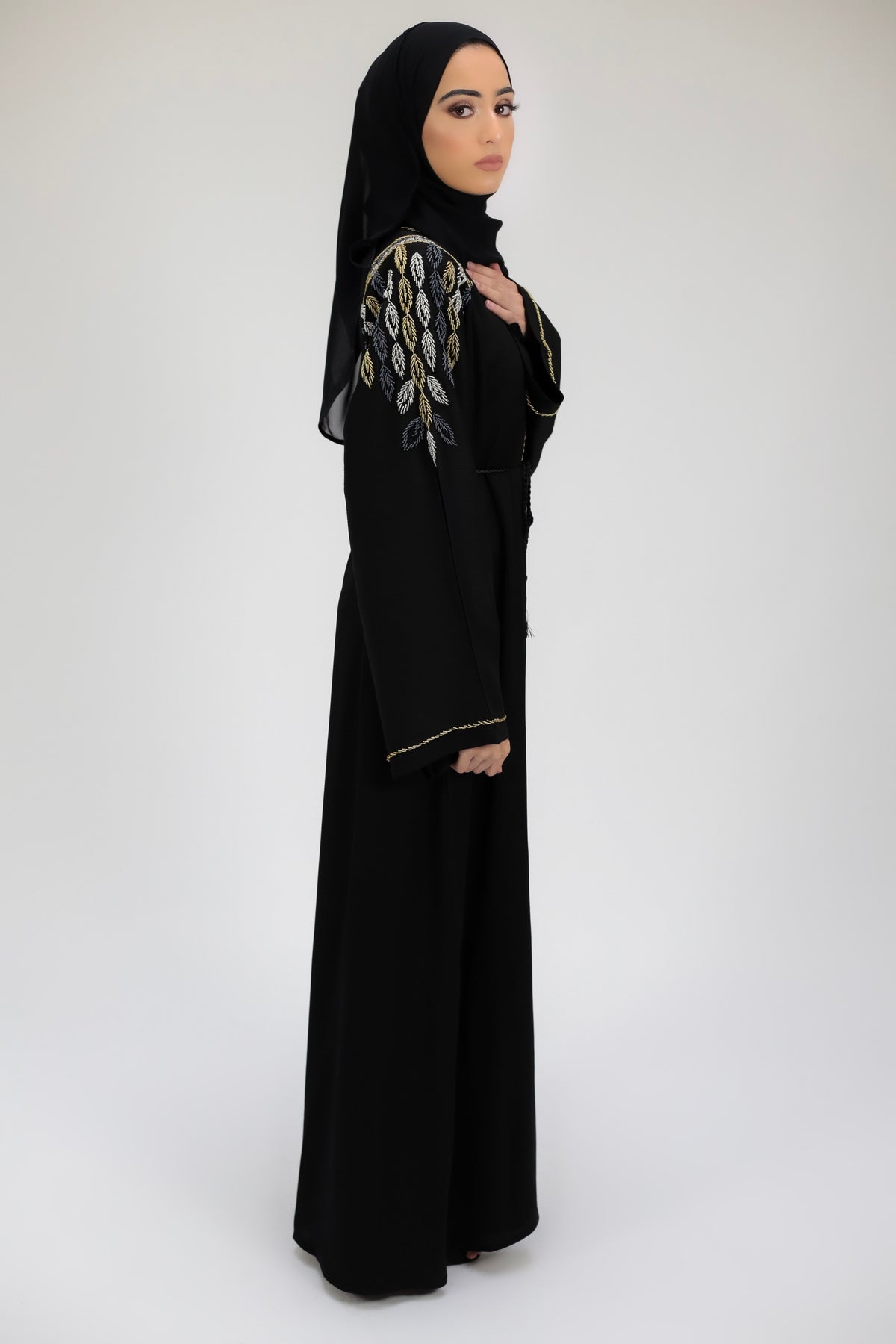 Classy Shoulder Embellished Black Open Abaya