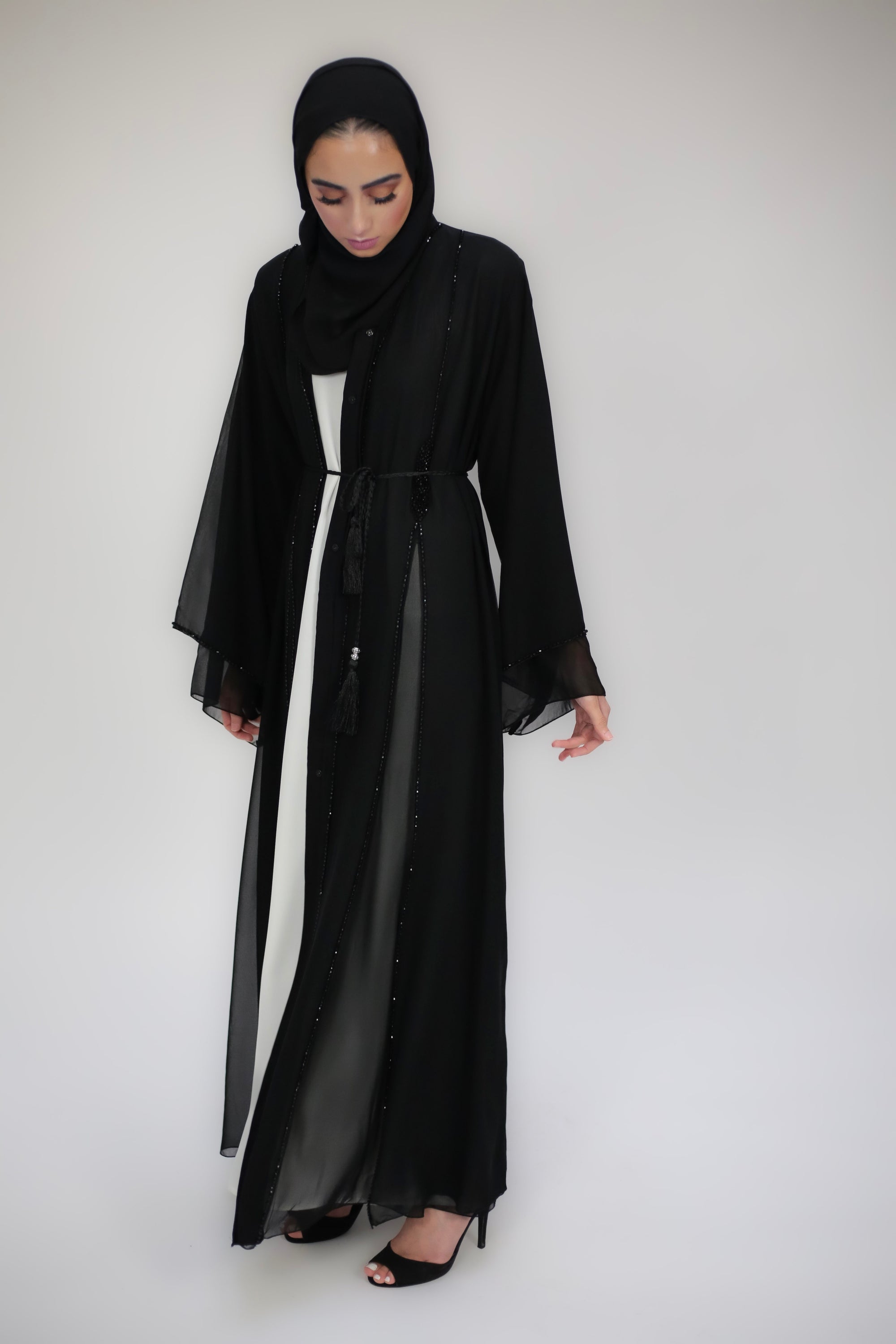 Midnight Black Chiffon Layered Abaya