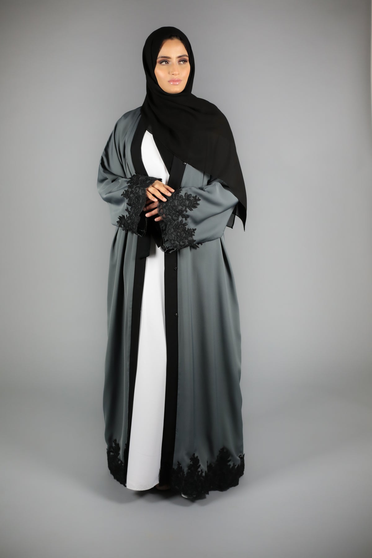 Charcoal Grey Open Abaya With Black Lace