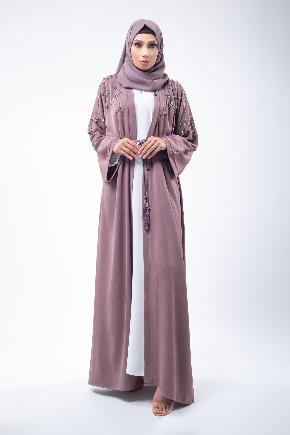 Luxury Dusky Mocha Embellished Open Abaya