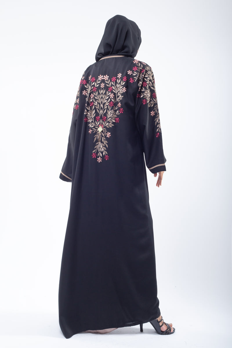 Blooming Floral Embroidery Black Open Abaya